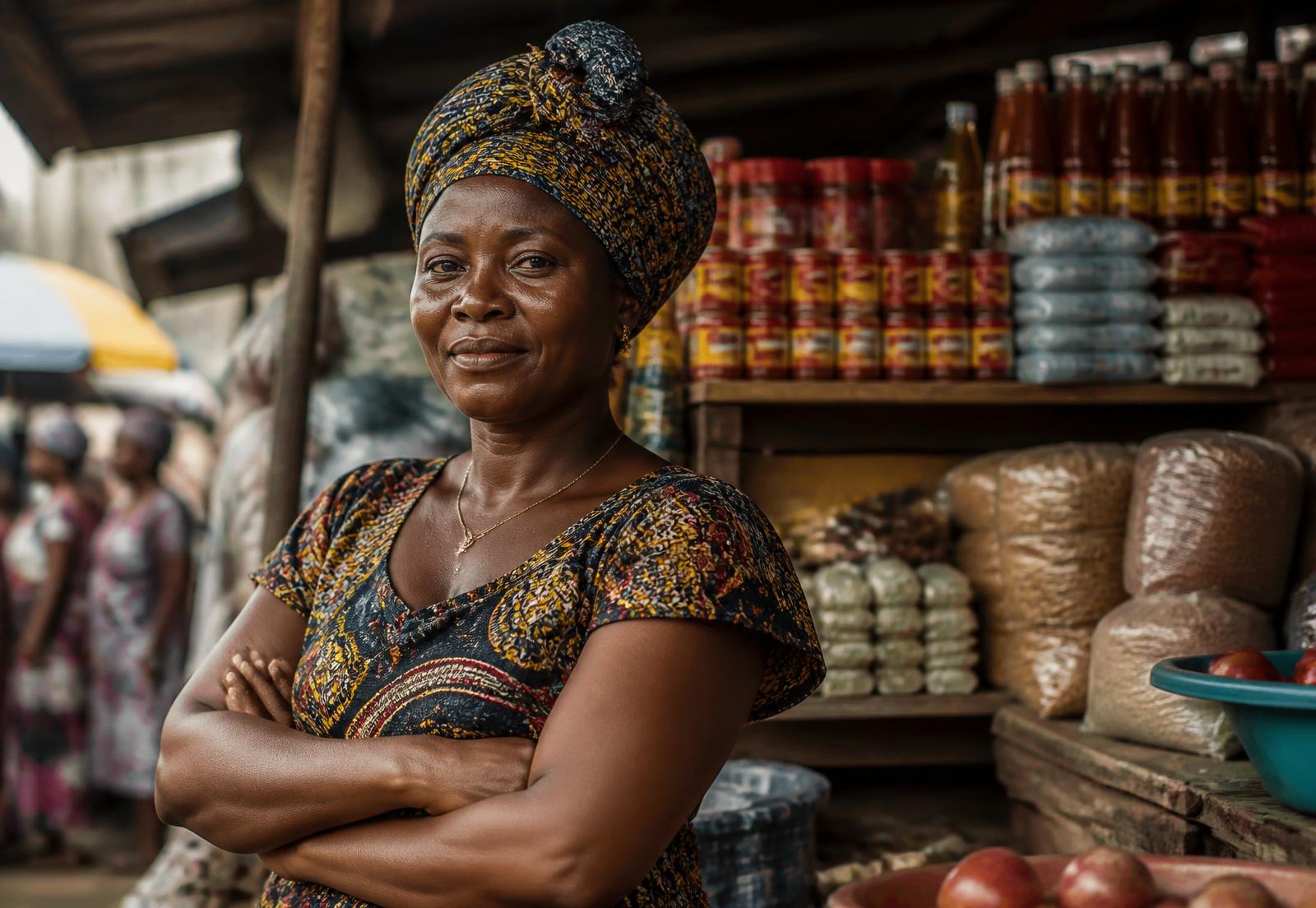 A market trader standing in her stall in a busy West African marketplace