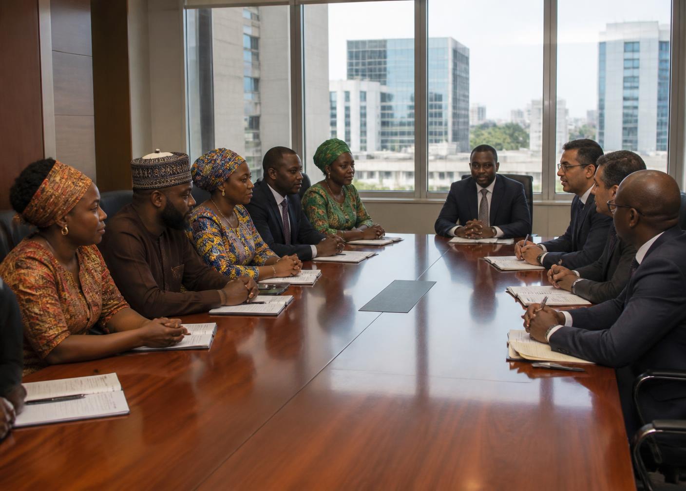 Informal sector association representatives in a boardroom meeting with financial institution executives