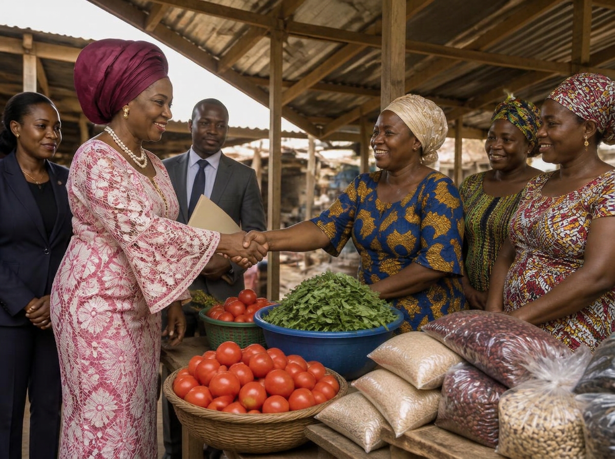 A formal delegation meeting market traders inside a covered marketplace